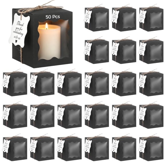 50 Set Candle Present Boxes, Paper Present Packing Boxes with Transparent Window, Thank You Tags and Twine, Ideal for Weddings, Parties, Bridal Showers, Black