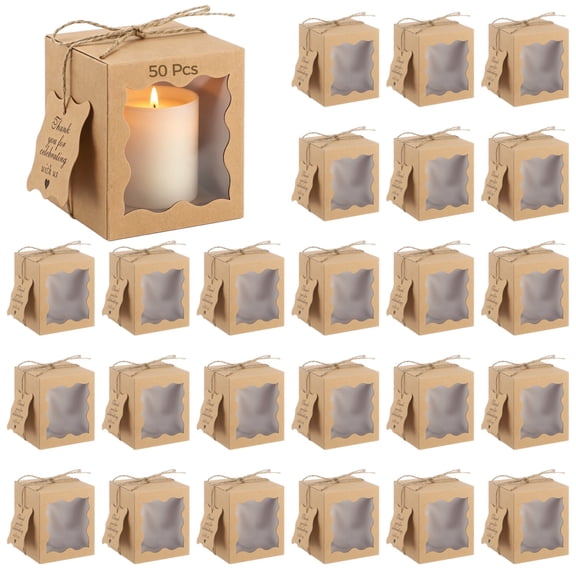 50 Set Candle Present Boxes, Paper Present Packing Boxes with Transparent Window, Thank You Tags and Twine, Ideal for Weddings, Parties, Bridal Showers, Khaki