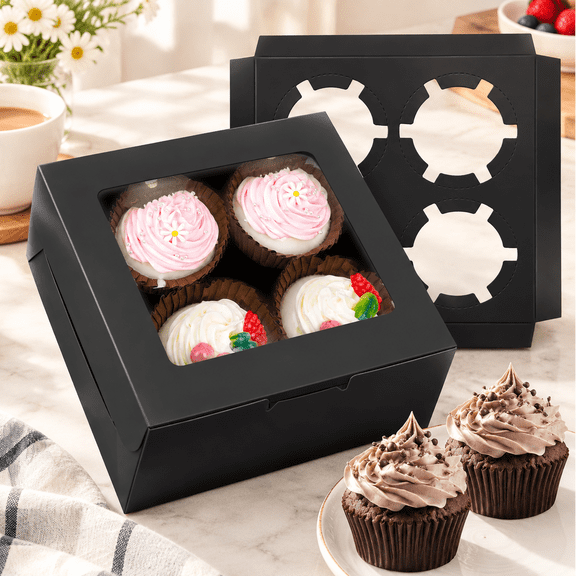 50-Set Cupcake Boxes Bulk with Clear Display Window Hold 4 Standard Cupcakes, Disposable Food Grade Black Cupcake Carrier Cupcake Container, Perfect for Cupcakes Muffins Cookies Pastries
