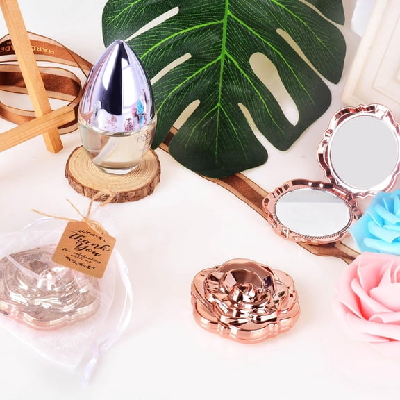 50 Set of Rose Compact Mirrors Bulk Quinceanera Wedding Party Favors Including Rose Shape Mirrors and Thank You Tags with White Organza Bags for quinceanera, Wedding Party Guests Souvenir Gift (50)
