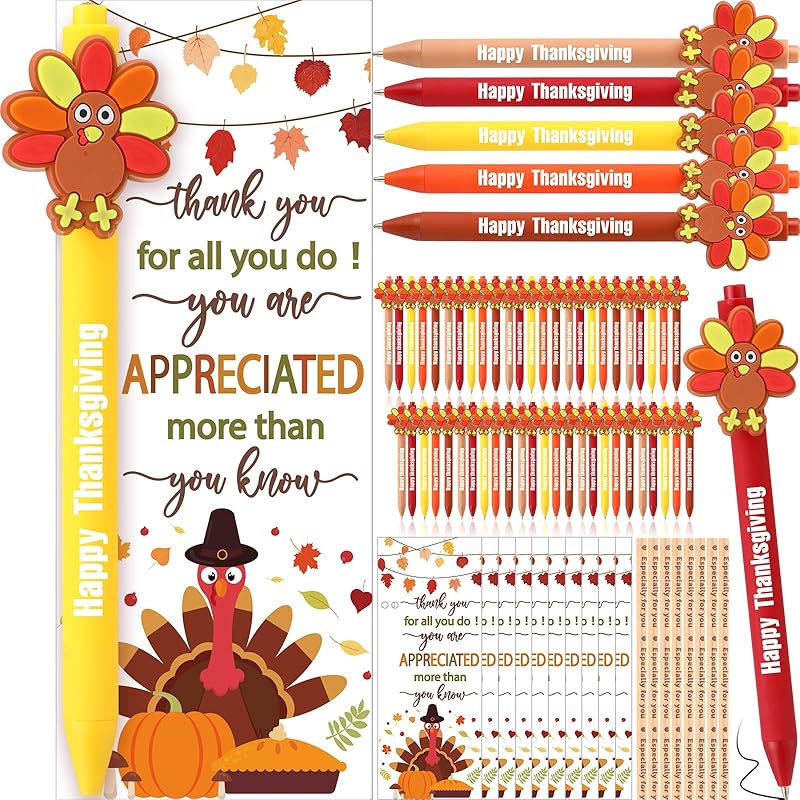 50 Set Thanksgiving Gift Pens With Greeting Cards - Turkey Design, Inspirational Messages, Fall Party Favors