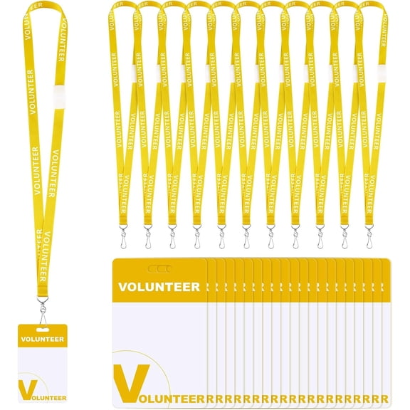 50 Set Volunteer Lanyards with Badges Reusable Volunteer Name Tags with Breakaway Lanyard Heavy Duty Plastic Identification Badge Identified Pass for Church, Event(Yellow)
