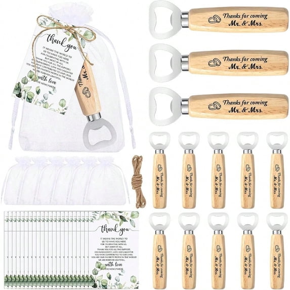50 Set Wedding Favors: Bottle Opener Thank You Cards Organza Bags Jute Twine for Party Favors Decoration