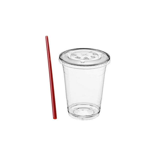 (50 Sets) 12 oz Clear Plastic Cups with Lids and FREE Straws