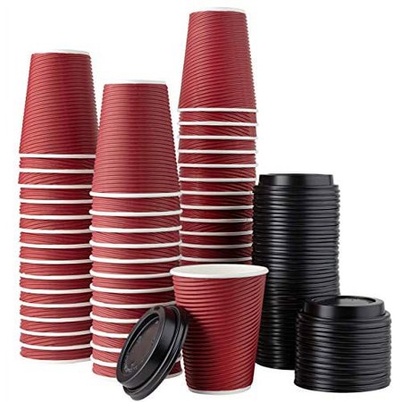 [50 Sets - 12 oz.] Insulated Rippled Double Wall Paper Hot Coffee Cups With Lids, Burgundy