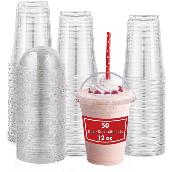 50 Sets - Clear Cups With Dome Lids 12 oz with Hole, Plastic Disposable Ice Coffee Cup for Parfaits, Boba, Cold Drinks