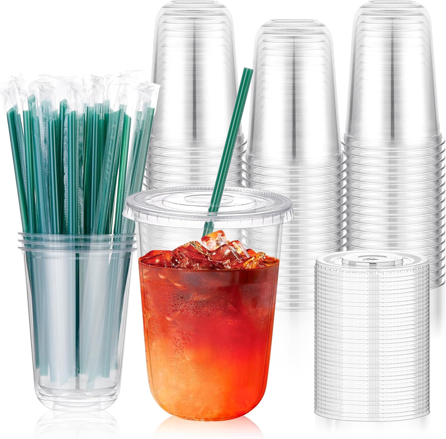 50 Sets 16 oz Plastic Cups with Lids and Straws, Clear Disposable Iced ...