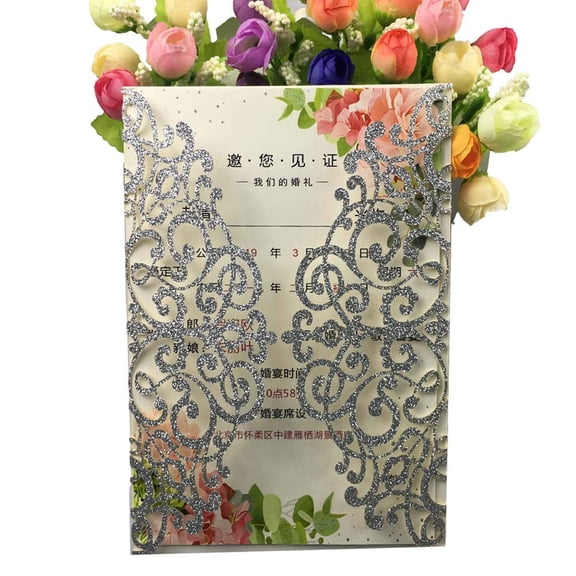 50 Sets 250GSM Silver Glitter Laser Cut Wedding Invitations Cards With Envelopes Inserts Birthday Greeting invites cards Bridal Shower 5X7 Y101