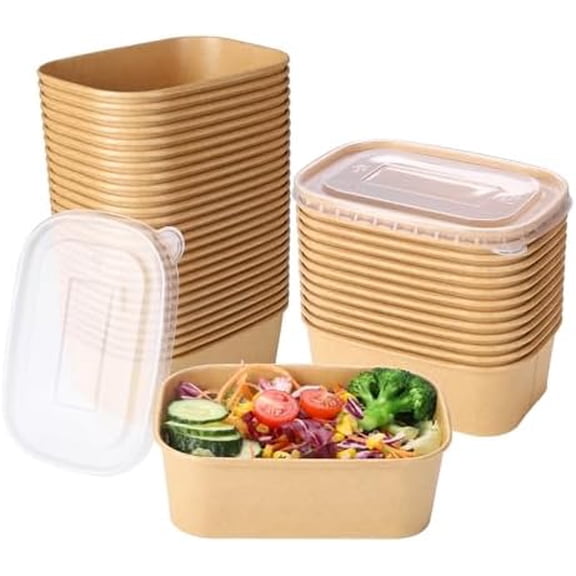 50 Sets 25oz Disposable Kraft Paper Bowls with Lids, Rectangle Paper Food Containers with Lids, Salad Bowls for Hot/Cold Food, Soup, Meal Prep, Ice Cream, Takeout, Party Supplies(750ml)