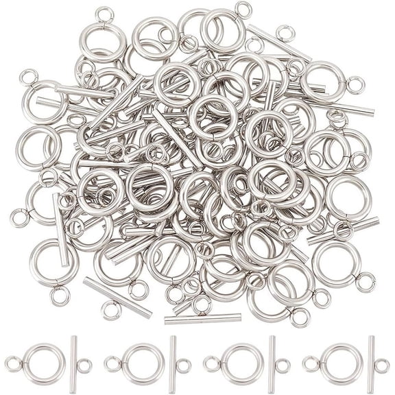 50 Sets 304 Stainless Steel Ring Toggle Clasps IQ Toggle Clasp Tbar Clasps Metal Material Ring Toggles Connectors for DIY Necklace Bracelet Jewelry Making for DIY