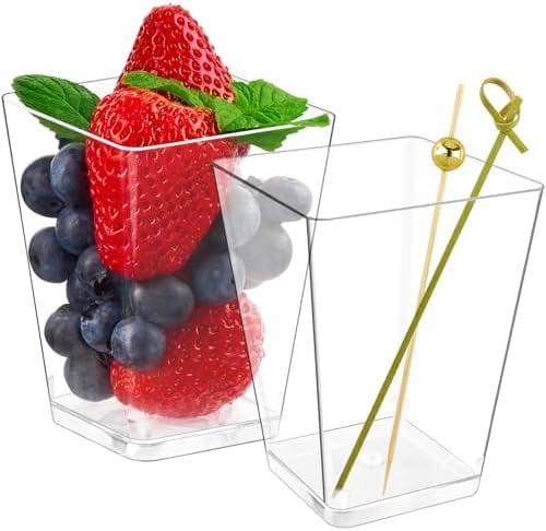 50 Sets 5oz Plastic Charcuterie Cups With Sticks - Disposable Clear Appetizer Fruit Salad Cups for Party (50 Cups + 100 Cocktail Picks)