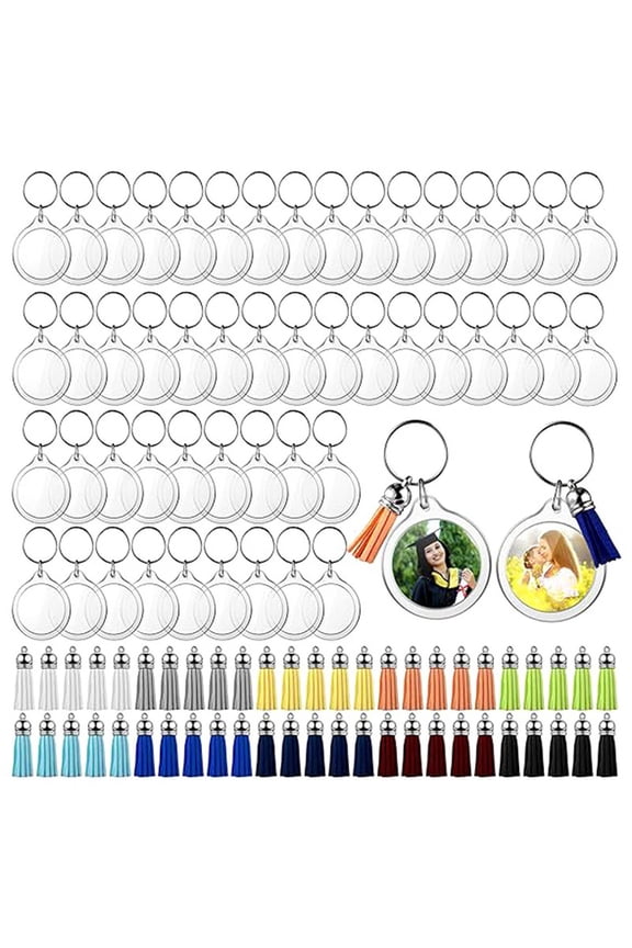 50 Sets Acrylic Photo Keychain with Tassels, DIY Custom Insert Photo Keyring Clear Blank Picture Keyring