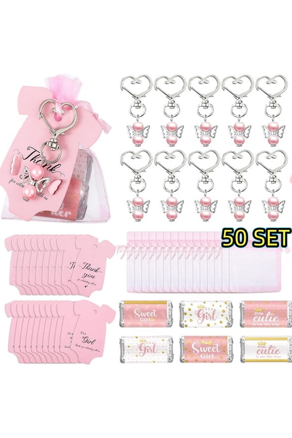 50 Sets Baby Shower Party Favors Baby Shower Angel Keychains Label Sticker Cards Organza Bags for Baptism Party