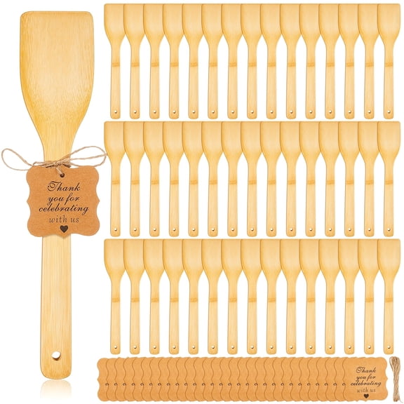 50 Sets Bamboo Cooking Spatulas Daily Kitchen Use Wooden Wok Spatula Set with Thank You Cards for Cooking Stirring Baking Serving Party Gifts Weddings Housewarming Events