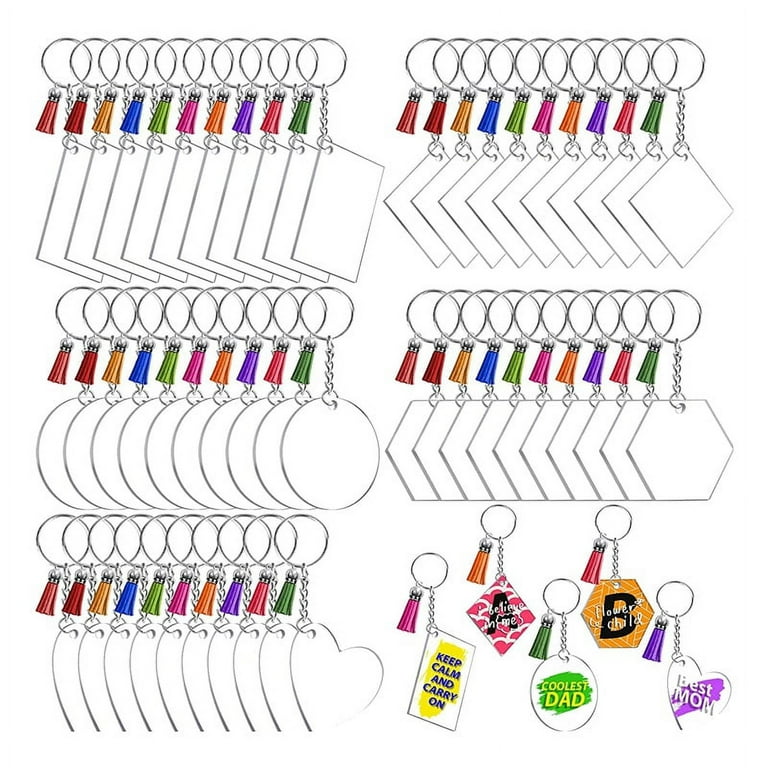 50 Sets Blank Keychains for Vinyl Acrylic Keychain Blanks with 5 Shapes  Clear Acrylic Disc Leather Tassel Charms 