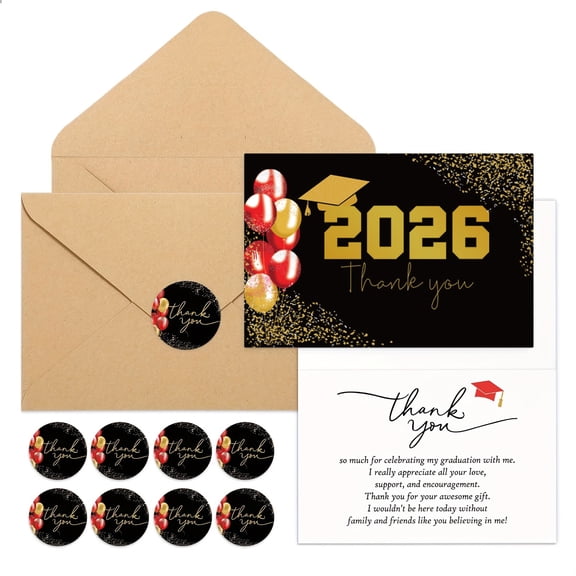 50 Sets Bulk Graduation Thank You Cards 2026 Graduation Card with Envelopes and Stickers College Prom Balloons Thank You Notes Greeting Card for Guest Family Teacher(Red)