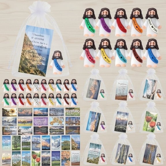 50 Sets Christian Gifts Bulk Bible Verse Cards Include Little Jesus Figures Prayer Cards and Organza Bags for Religious Party Favors Sunday School Baptism Gifts(Retro Style,Morandi)