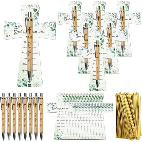 50 Sets Christian Party Favor Supplies Greenery Cross Cards Bible Verse Retractable Ballpoint Pens Inspirational Twist Ties for First Communion Baptism Gifts