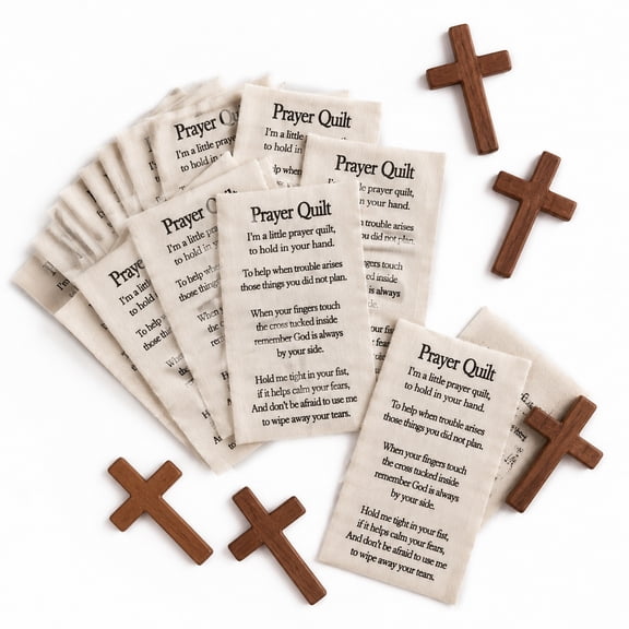 50 Sets Christian Prayer Quilt Squares,Include Retro Bible Verse Prayer Cloth and Faux Wood Cross,Portable Pocket Fabric Panels for Sewing Projects Care Visits Spiritual Comfort Gifts