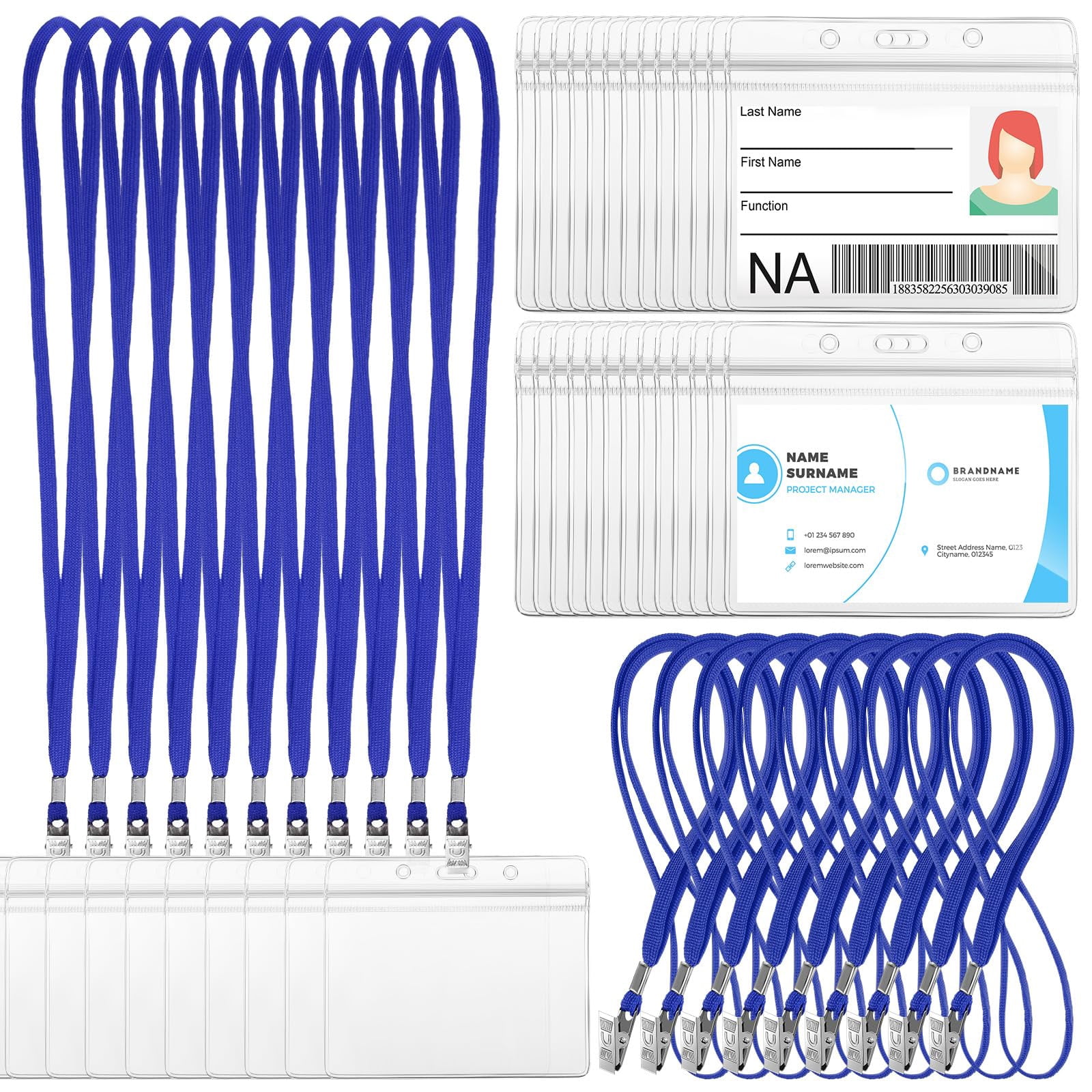 50 Sets Clear Name Tags With Lanyard  Lanyards For Id Badges Reusable Strap Holder Plastic Adults Business School Church Conference (blue)