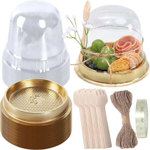 50 Sets Disposable Individual Charcuterie Cup Clear Plastic Round Cake Boxes with Dome Lids Mini Wooden Spork Rope for Outdoor Snack Packing Open Houses Gatherings Wedding Party Event