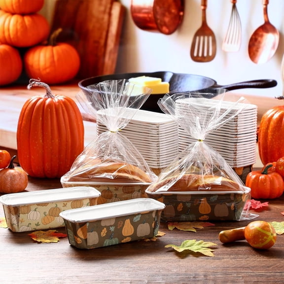 50 Sets Fall Paper Loaf Pan with Pumpkin Maple Leaf Pattern Disposable Cake Mold for Thanksgiving Bread Baking