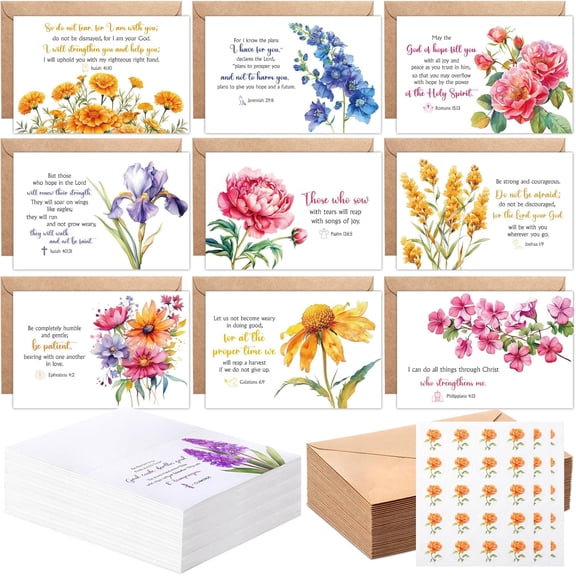 50 Sets Floral Christian Greeting Cards Bulk with Envelopes Stickers Mothers Day Scripture Cards with Bible Verses Inspirational Religious Thinking of You Card for Women Church Blessing Gift