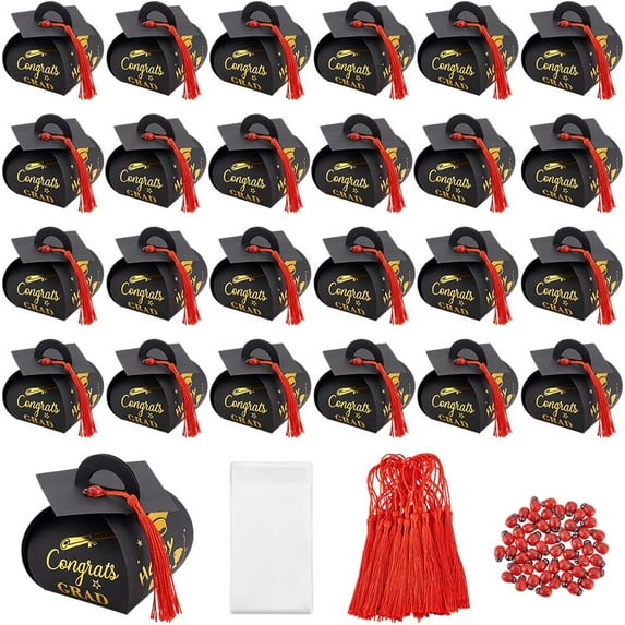 50 Sets Graduation Gift Boxes Candy Boxes Graduation Hat with Red Tassels Wood Cabochons with Tassels Cabochon Cellophane Bags Box Decoration for Party Favor Black
