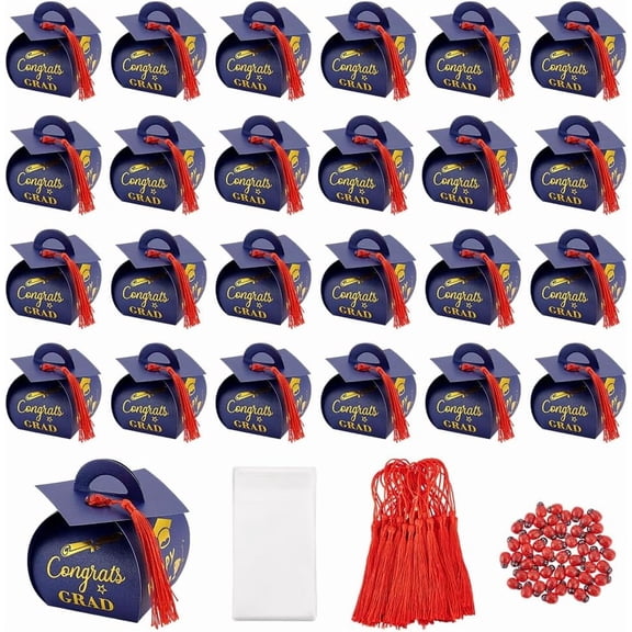 50 Sets Graduation Gift Boxes Candy Boxes Graduation Hat with Red Tassels Wood Cabochons with Tassels Wood Cabochon Cellophane Bags Box Decoration