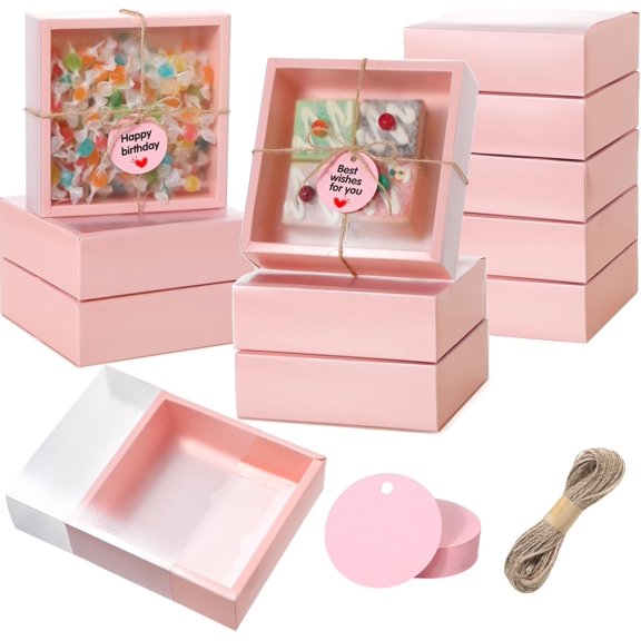 50 Sets Kraft Gift Box Bundle with Blank Tags and Jute String 6.5 x 6.5 x 2 Inch Pink