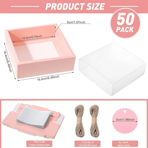 50 Sets Kraft Homemade Gift Box Bundle with Blank Tags and Jute String (101 Items) for Jewelry Candy Wrapping Party Favor(6.5 x 6.5 x 2 Inch,Pink)