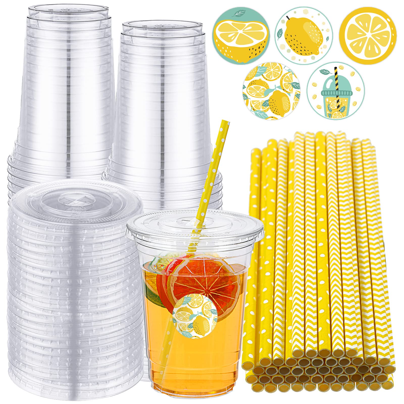 50 Sets Lemon Party Supplies Lemonade Party Decor 16 Oz Clear Plastic Cups With Flat Lids