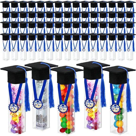 50 Sets Mini Graduation Cap Candy Boxes, Clear Square Tubes with Tassels for High School & College Grad Party Favors