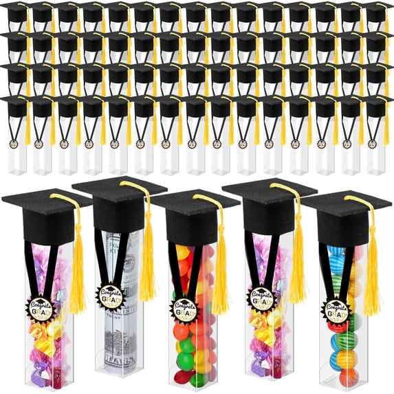 2026 Graduation Party Supplies (50 Sets), DIY Clear Candy Jars with Felt Grad Caps, Perfect Table Centerpieces for Chocolates, Mints & Money Gifts