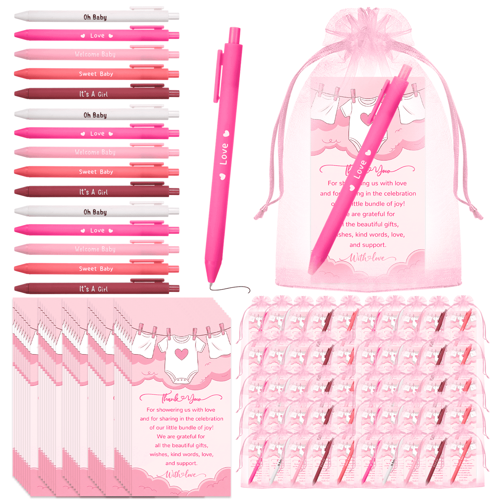 50 Sets Party Favors Gift Set with Ballpoint Pens Thank You Cards and Organza Bags, Bulk Guest Souvenirs for Gender Reveal Baby Shower Wedding Birthday Corporate Events Appreciation Gifts