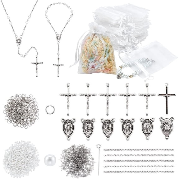 50 Sets Peral Beads 550pcs 6mm White Acrylic Pearl Beads 550pcs Metal Eye Pins Chains 50pcs Organza Bags