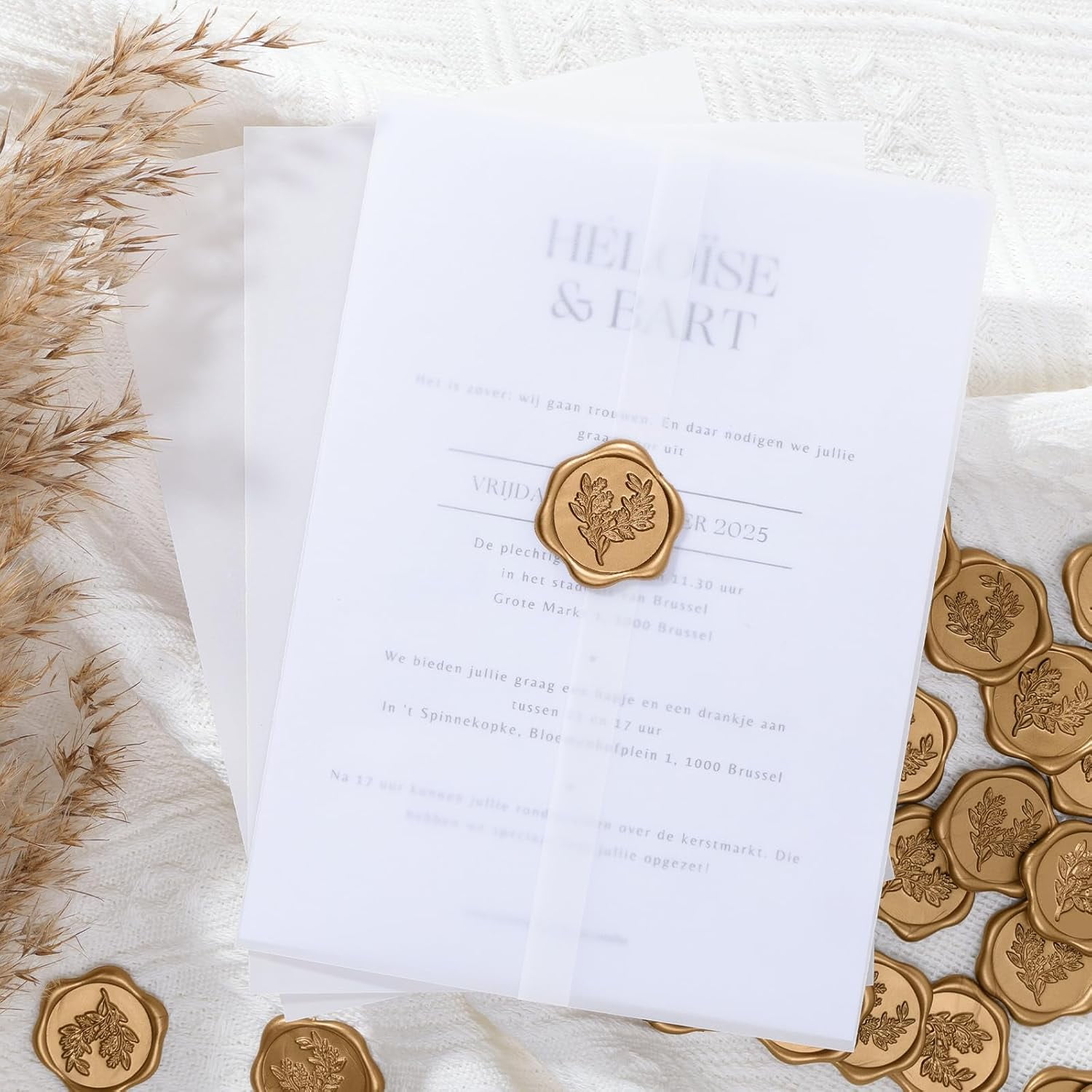 50 Sets Pre-Folded Vellum Jackets for 5x7 Invitation & Gold Eucalyptus Wax Seal Stickers, Wedding Invitations Wraps Bulk for Wedding Bridal Baby Shower Envelopes