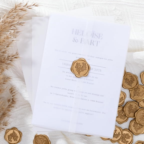 50 Sets Pre-Folded Vellum Jackets for 5x7 Invitation & Gold Eucalyptus Wax Seal Stickers, Wedding Invitations Wraps Bulk for Wedding Bridal Baby Shower Envelopes