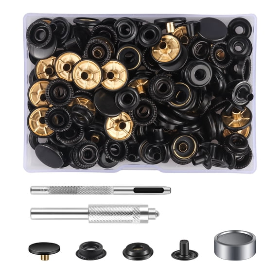 50 Sets Press Studs Cap Button, Stainless Steel Snap Fasteners Kit with Hand Fixing Tools, Instant Metal Buttons No-Sew Clips Snap for Bags, Jeans, Clothes, Fabric, Leather Craft(Black)