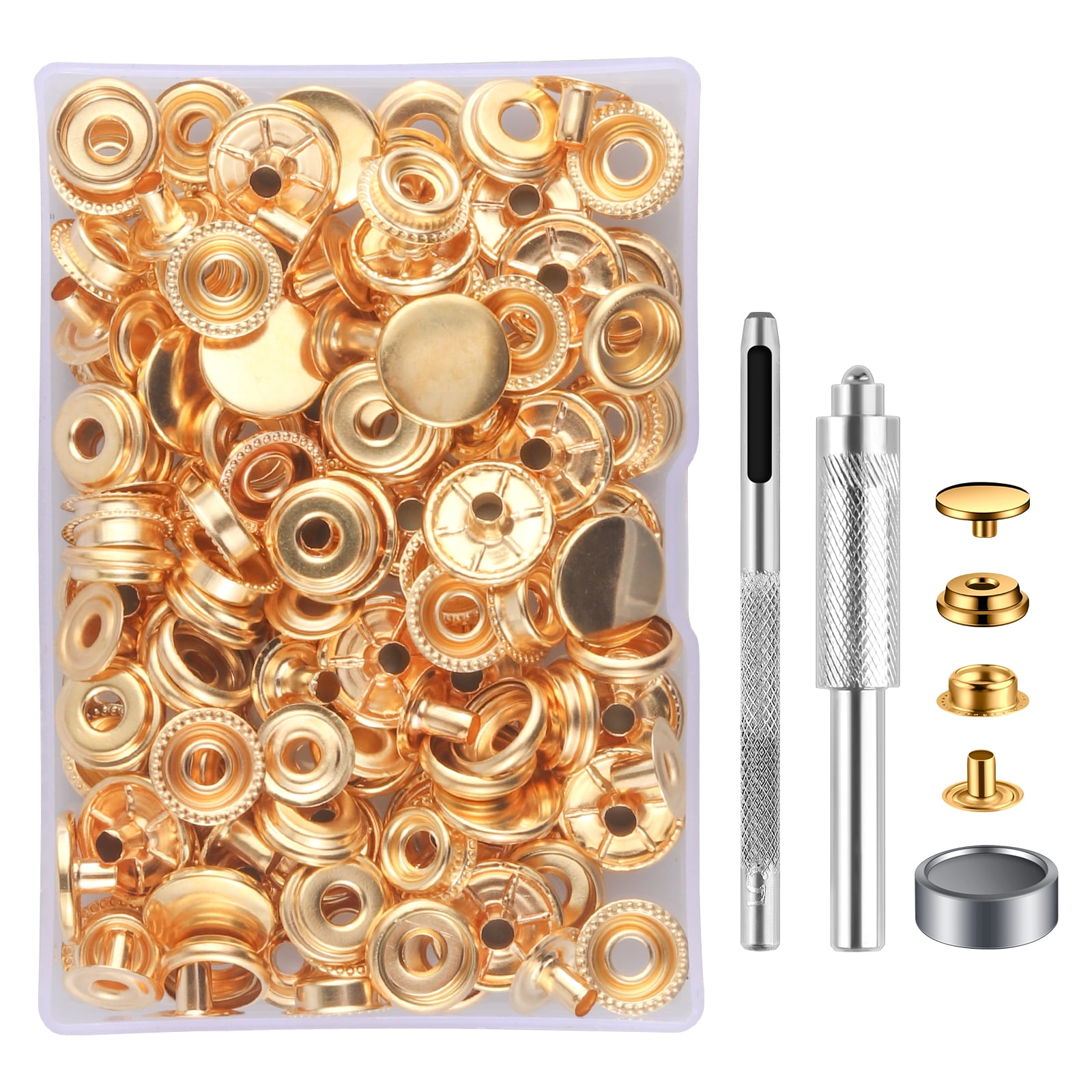 50 Sets Press Studs Cap Button, Stainless Steel Snap Fasteners Kit with  Hand Fixing Tools, Instant Metal Buttons No-Sew Clips Snap for Bags, Jeans,  Clothes, Fabric, Leather Craft(Gold) 