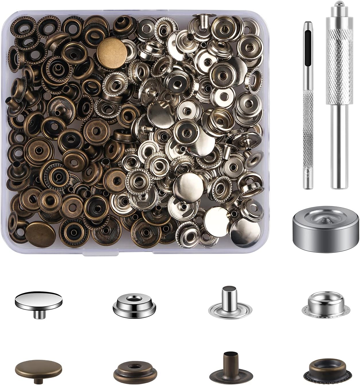 50 Sets Press Studs Cap Button, Stainless Steel Snap Fasteners Kit with  Hand Fixing Tools, Instant Metal Buttons No-Sew Clips Snap for Bags, Jeans,  Clothes, Fabric, Leather Craft(Silver+Bronze) 
