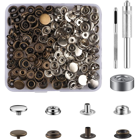 50 Sets Press Studs Cap Button, Stainless Steel Snap Fasteners Kit with Hand Fixing Tools, Instant Metal Buttons No-Sew Clips Snap for Bags, Jeans, Clothes, Fabric, Leather Craft(Silver+Bronze)