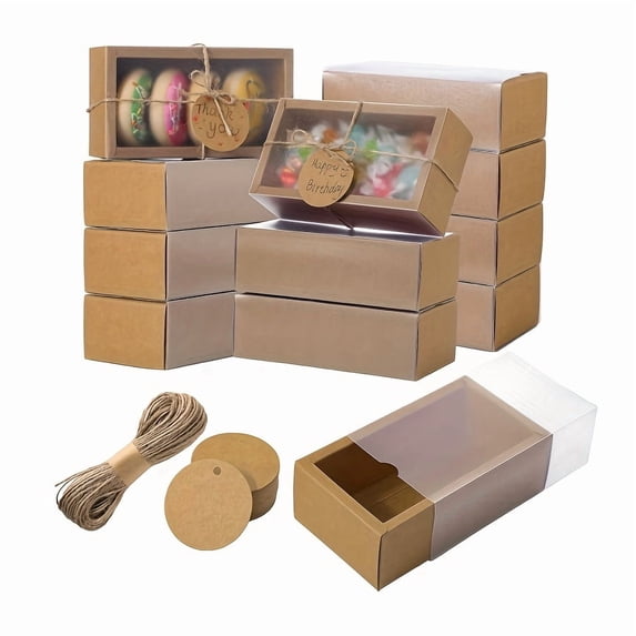 50 Sets Rectangular Kraft Paper Drawer Gift Boxes with Window 6.3x3.5 Inch Food Packaging Boxes with Blank Labels Twine for Candy Soap Jewelry Wedding Party Favors