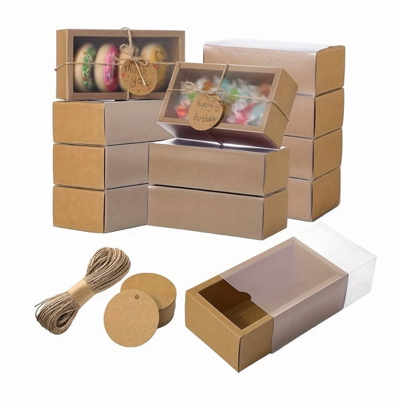 50 Sets Rectangular Kraft Paper Drawer Gift Boxes with Window 6.3x3.5 Inch Food Packaging Boxes with Blank Labels Twine for Candy Soap Jewelry Wedding Party Favors