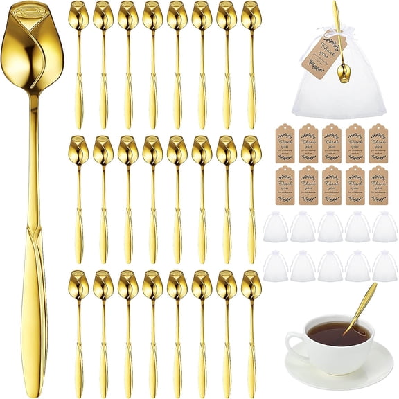 50 Sets Rose Flower Shaped Tea Spoons Wedding Favor for Guests 5.2" Gold Flower Dessert Mini Teaspoon with 50 Gift Tag and 50 Organza Bag for Tea Party Bridal Shower Guest Souvenir