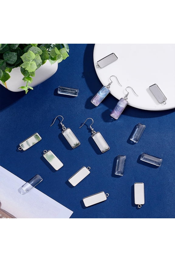 50 Sets Stainless Steel Earring Wire Hooks with Blank Rectangle Pendant Trays Cabochon Earring Settings Metal Bezels and Earrings Hooks Earrings Blanks for Jewelry Making Tray 10x25mm