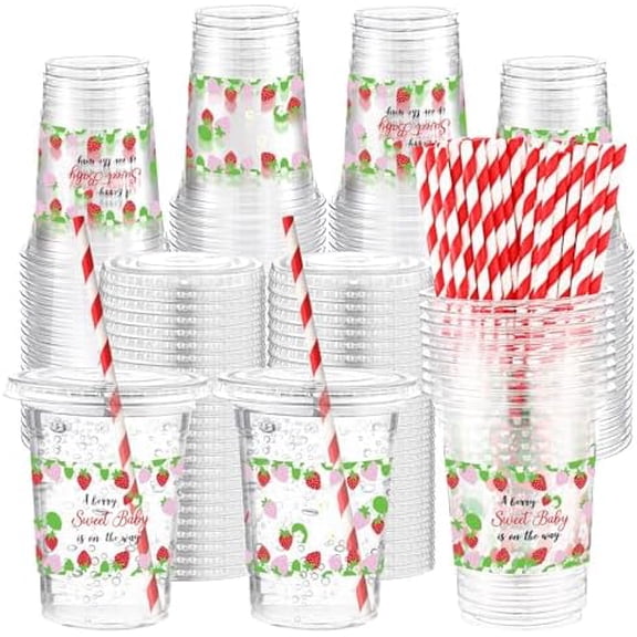 50 Sets Strawberry Disposable Plastic Cups with Straws Lids a Berry Sweet Baby Is on the Way 16 oz Strawberry Flower Clear Cups for Berry Birthday Baby Shower Summer Fruit Party