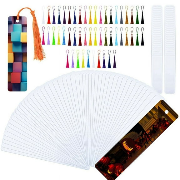 50 Sets Sublimation Blank Bookmarks, DIY Blank Aluminum Metal Bookmarks with Clear Bookmark Sleeves Tassels