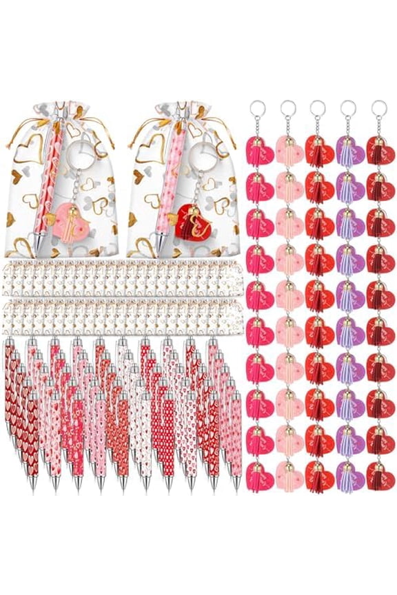50 Sets Valentine Gifts Bulk for Coworkers Employees Valentine's Day Ballpoint Pens and Keychains Gifts Bulk Party Favors Red Heart Pen for Teachers Office Supplies$$Office