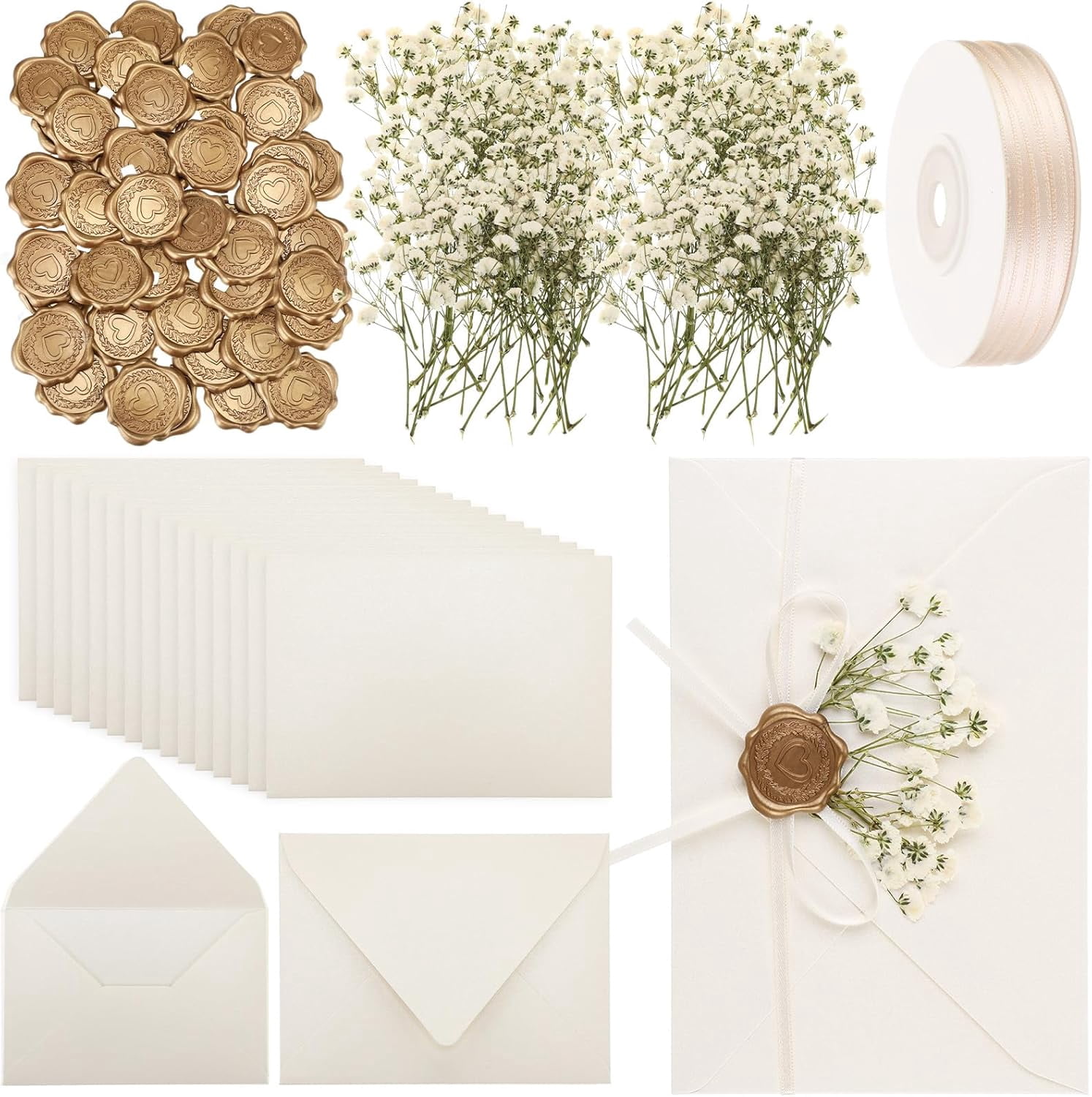 50 Sets Wedding Invitations Wraps Set Include Envelope for 5 x 7 Inch Invitations Self Adhesive Gold Wax Seal Sticker Dried Flowers for DIY Photos Cards Dining Table(Elegant,Beige)
